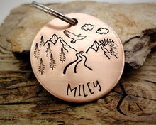 Load image into Gallery viewer, Dog tag, hand stamped with mountains, trees & eagle