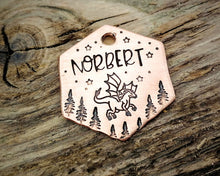 Load image into Gallery viewer, Small hexagon pet id tag, hand stamped with dragon, trees & stars
