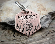 Load image into Gallery viewer, Small hexagon pet id tag, hand stamped with dragon, trees & stars