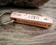 Load image into Gallery viewer, Bar tag, pet id tag, hand stamped with nautical design and 'chipped & loved'