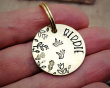 Load image into Gallery viewer, Small dog id tag, hand stamped with flower design & birds
