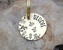 Load image into Gallery viewer, Small dog id tag, hand stamped with flower design & birds
