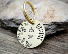 Load image into Gallery viewer, Small dog id tag, hand stamped with flower design & birds