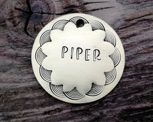 Load image into Gallery viewer, Medium dog id tag, hand stamped with border