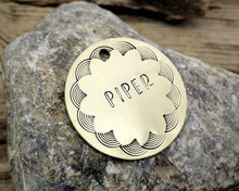 Load image into Gallery viewer, Medium dog id tag, hand stamped with border