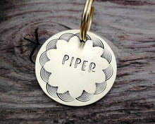 Load image into Gallery viewer, Medium dog id tag, hand stamped with border