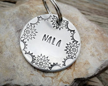 Load image into Gallery viewer, Large dog id tag, hand stamped with mandala border design