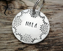 Load image into Gallery viewer, Large dog id tag, hand stamped with mandala border design