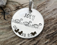 Load image into Gallery viewer, Dog Tag, hand stamped with phonenumber & cute dino
