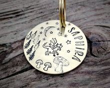 Load image into Gallery viewer, Dog tag, hand stamped with dragon, moon & trees