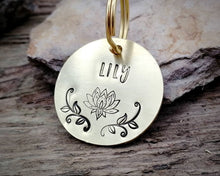 Load image into Gallery viewer, Dog tag, hand stamped with lotus flower