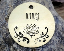 Load image into Gallery viewer, Dog tag, hand stamped with lotus flower