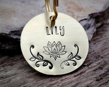 Load image into Gallery viewer, Dog tag, hand stamped with lotus flower