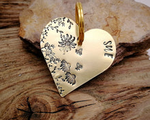 Load image into Gallery viewer, Large heart dog id tag, hand stamped with flower design & bees