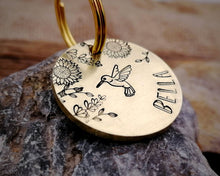 Load image into Gallery viewer, Small pet id tag, hand stamped with flower design & hummingbird
