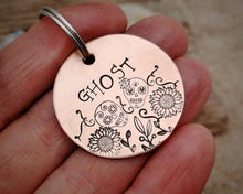Load image into Gallery viewer, Dog tag, hand stamped with sugar skull & flower design