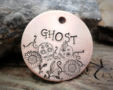 Load image into Gallery viewer, Dog tag, hand stamped with sugar skull & flower design