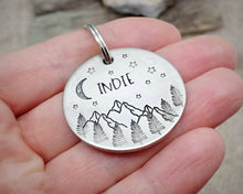 Load image into Gallery viewer, Large dog id tag, hand stamped with mountains, moon & trees
