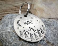 Load image into Gallery viewer, Large dog id tag, hand stamped with mountains, moon & trees