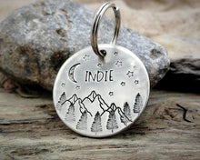 Load image into Gallery viewer, Large dog id tag, hand stamped with mountains, moon & trees