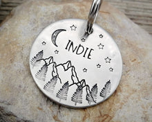 Load image into Gallery viewer, Large dog id tag, hand stamped with mountains, moon & trees