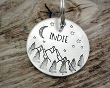 Load image into Gallery viewer, Large dog id tag, hand stamped with mountains, moon & trees