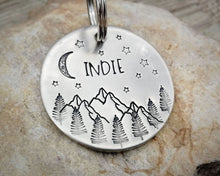 Load image into Gallery viewer, Large dog id tag, hand stamped with mountains, moon & trees