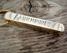 Load image into Gallery viewer, Bar tag, dog id tag, hand stamped with leaf design and 'chipped & loved'