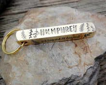 Load image into Gallery viewer, Bar tag, dog id tag, hand stamped with leaf design and 'chipped & loved'