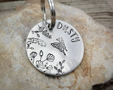 Load image into Gallery viewer, Dog tag, hand stamped with butterfly & flowers