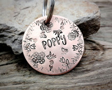 Load image into Gallery viewer, Dog tag, hand stamped with flowers, bees & birds
