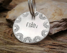 Load image into Gallery viewer, Dog name tag, hand stamped with border design