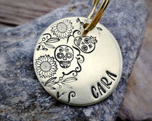 Load image into Gallery viewer, Dog id tag, hand stamped with sugar skull design & flowers