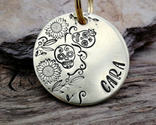 Load image into Gallery viewer, Dog id tag, hand stamped with sugar skull design & flowers