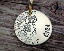 Load image into Gallery viewer, Dog id tag, hand stamped with sugar skull design & flowers