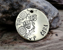 Load image into Gallery viewer, Dog id tag, hand stamped with sugar skull design & flowers
