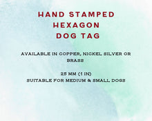 Load image into Gallery viewer, Hexagon pet id tag, hand stamped with cactus design & sun
