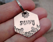 Load image into Gallery viewer, Hexagon pet id tag, hand stamped with cactus design & sun