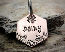 Load image into Gallery viewer, Hexagon pet id tag, hand stamped with cactus design & sun