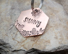 Load image into Gallery viewer, Hexagon pet id tag, hand stamped with cactus design & sun