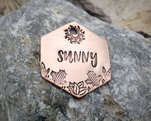 Load image into Gallery viewer, Hexagon pet id tag, hand stamped with cactus design & sun