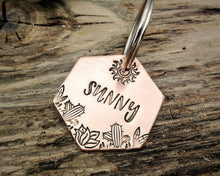 Load image into Gallery viewer, Hexagon pet id tag, hand stamped with cactus design & sun