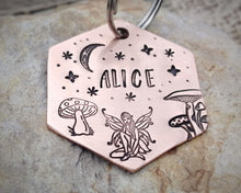 Load image into Gallery viewer, Hexagon dog tag, hand stamped with fairy, mushooms & moon