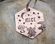 Load image into Gallery viewer, Hexagon dog tag, hand stamped with fairy, mushooms & moon