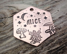 Load image into Gallery viewer, Hexagon dog tag, hand stamped with fairy, mushooms & moon