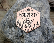 Load image into Gallery viewer, Small hexagon pet id tag, hand stamped with dragon, trees & stars