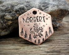 Load image into Gallery viewer, Small hexagon pet id tag, hand stamped with dragon, trees & stars