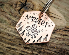 Load image into Gallery viewer, Small hexagon pet id tag, hand stamped with dragon, trees & stars