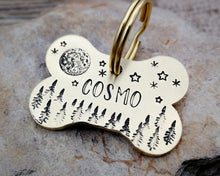 Load image into Gallery viewer, Bone dog tag, hand stamped with moon, stars & trees