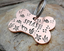 Load image into Gallery viewer, Bone dog id tag, nautical design with fish